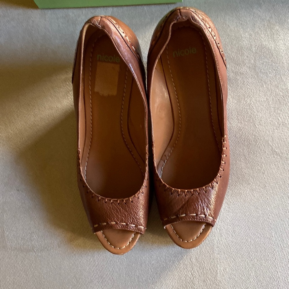 Nicole brown leather wedges